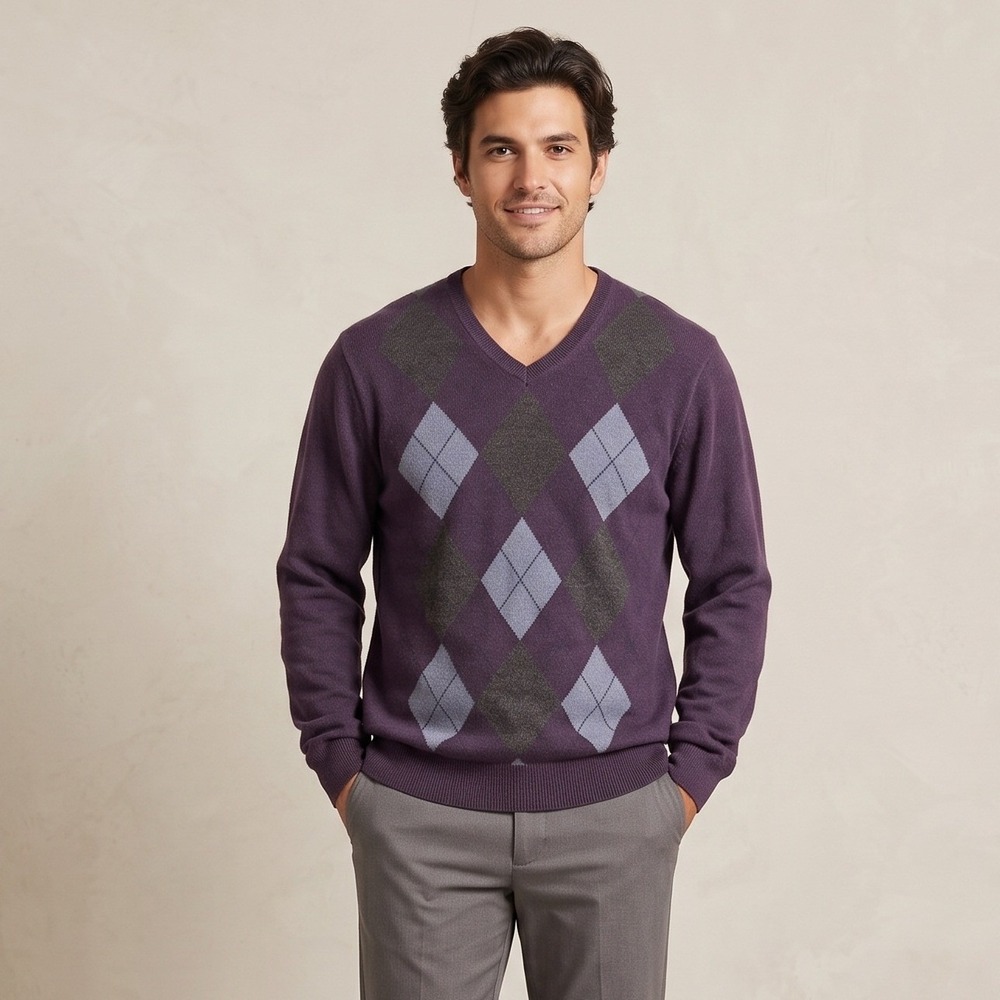 IZOD Men Large Purple Sweater Argyle‎ V-Neck Cotton Blend Preppy Pullover